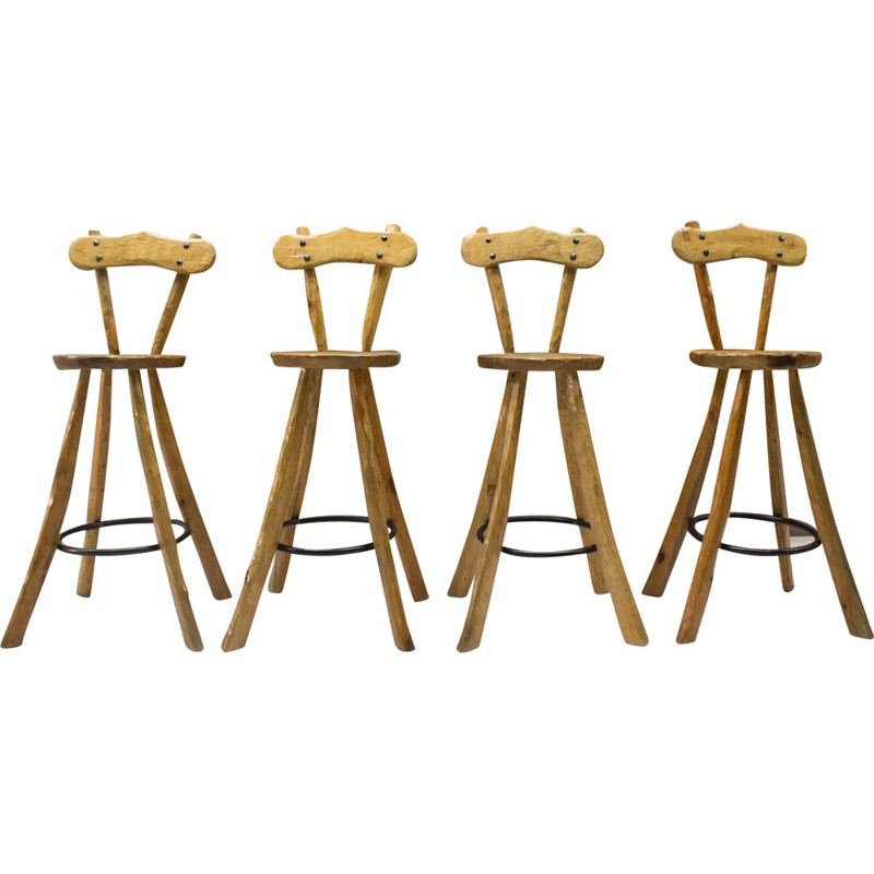 Vintage Set of 4 Bar Stools in Iron and Wood, 1960s