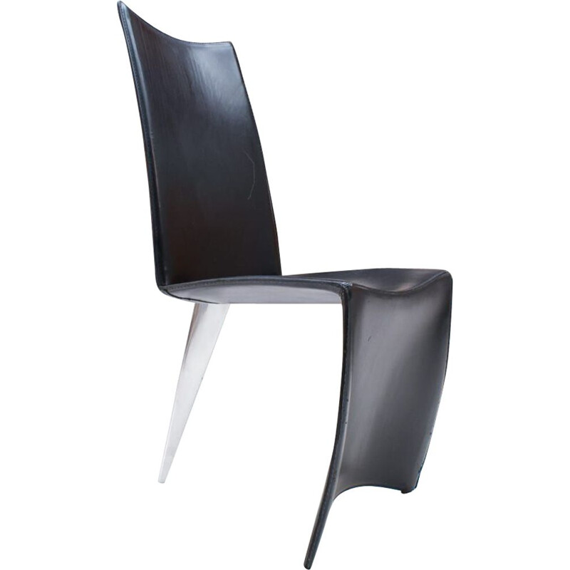 Vintage Dining Chair Ed Archer in Leather and Polished Aluminum by Philippe Starck for Driade, 1990s