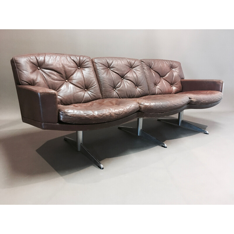 Vintage 3-seater leather and chrome design 1950