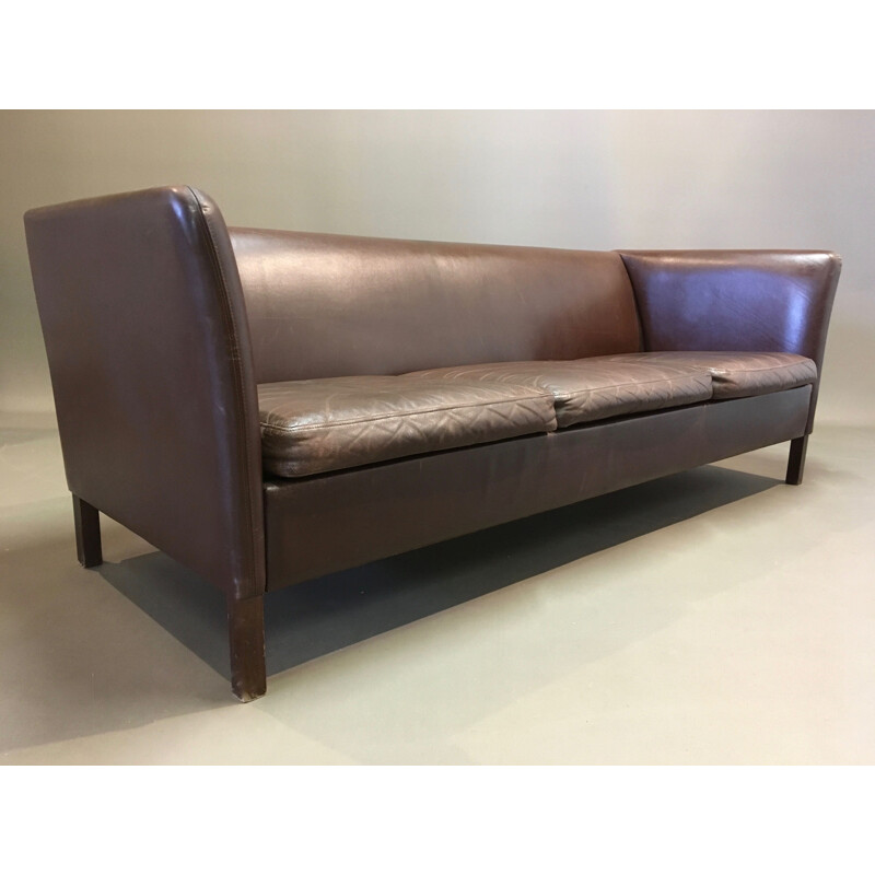 Vintage 3-seater leather sofa brown Scandinavian design 1950