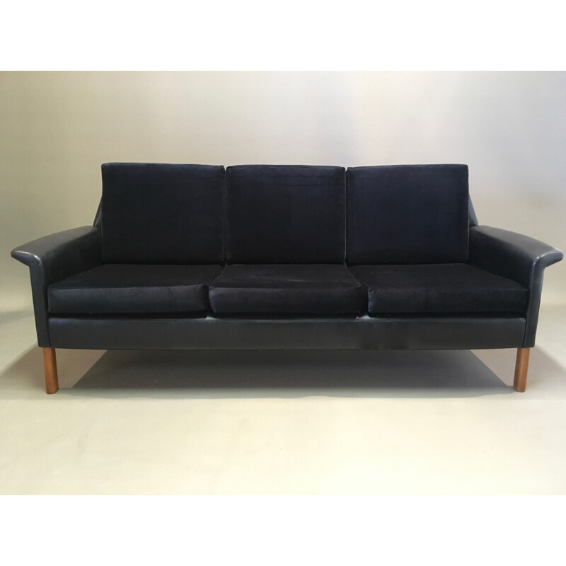 3-seater vintage in Scandinavian design leather and black velvet sofa 1950