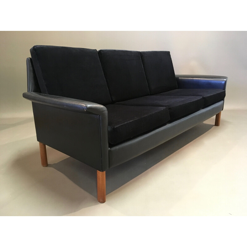 3-seater vintage in Scandinavian design leather and black velvet sofa 1950