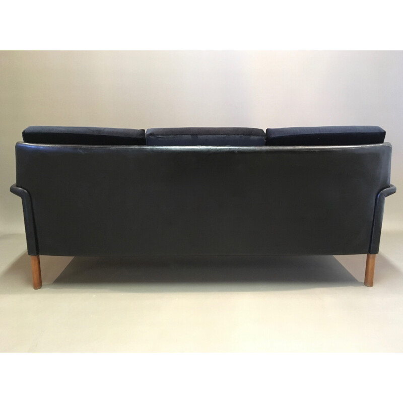 3-seater vintage in Scandinavian design leather and black velvet sofa 1950