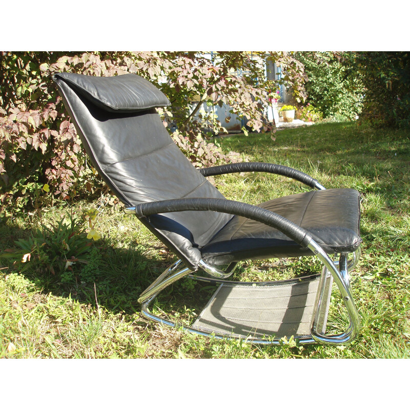 Vintage rocking-chair in black leather, 1980s