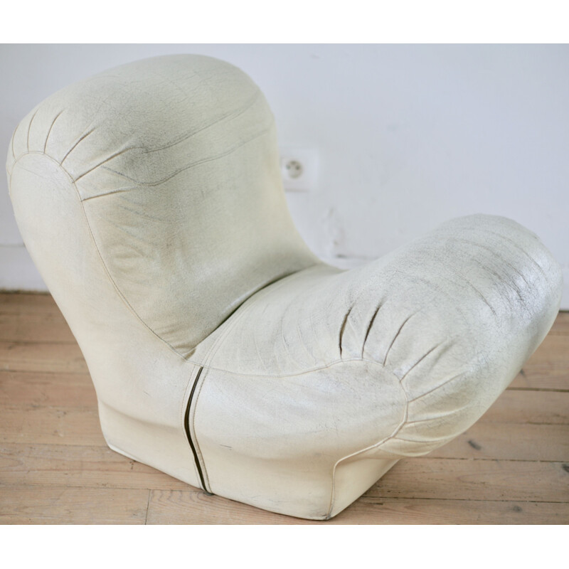 Vintage ivory leather low chair, 1960s