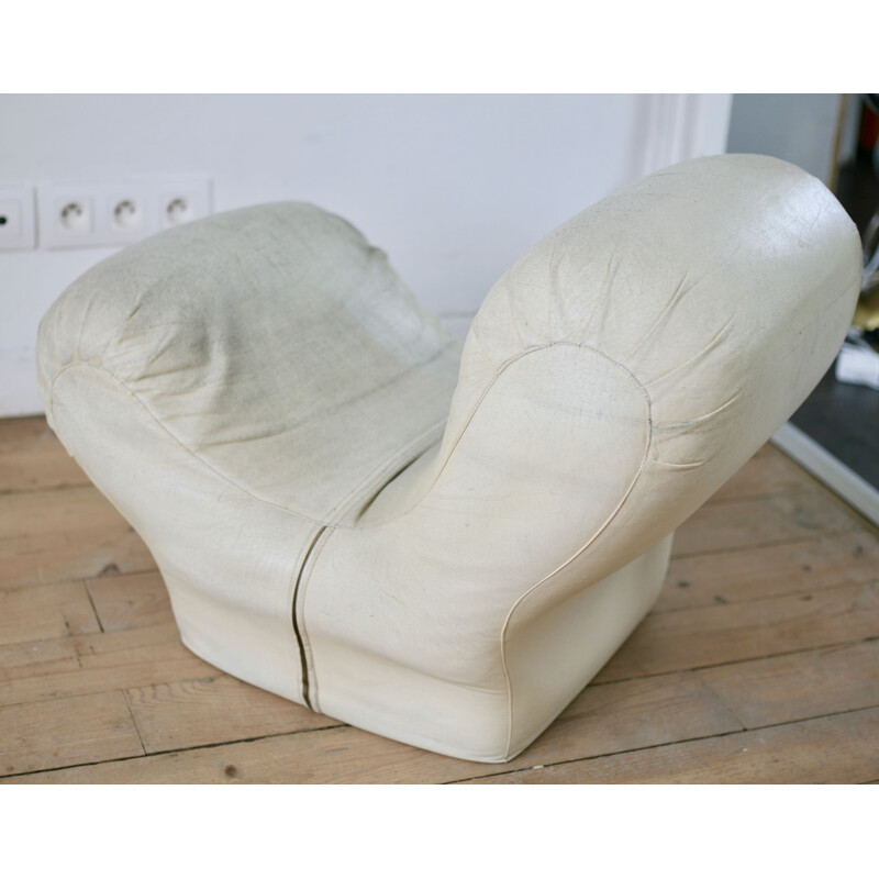 Vintage ivory leather low chair, 1960s