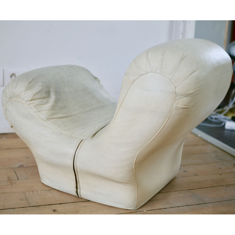 Vintage ivory leather low chair, 1960s