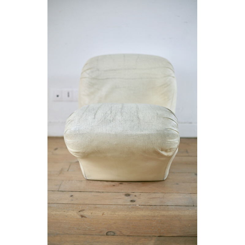 Vintage ivory leather low chair, 1960s