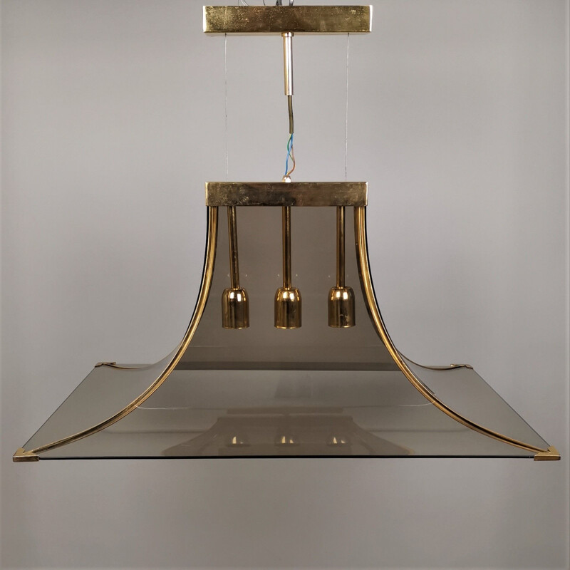 Vintage Pagoda pendant lamp in smoked glass, brass and steel by Esperia, 1970