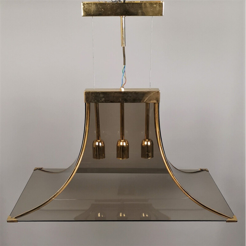 Vintage Pagoda pendant lamp in smoked glass, brass and steel by Esperia, 1970