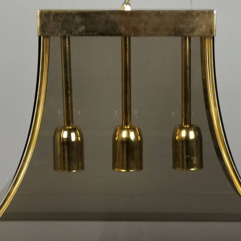 Vintage Pagoda pendant lamp in smoked glass, brass and steel by Esperia, 1970