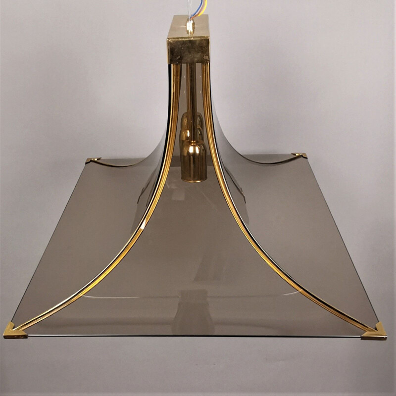 Vintage Pagoda pendant lamp in smoked glass, brass and steel by Esperia, 1970