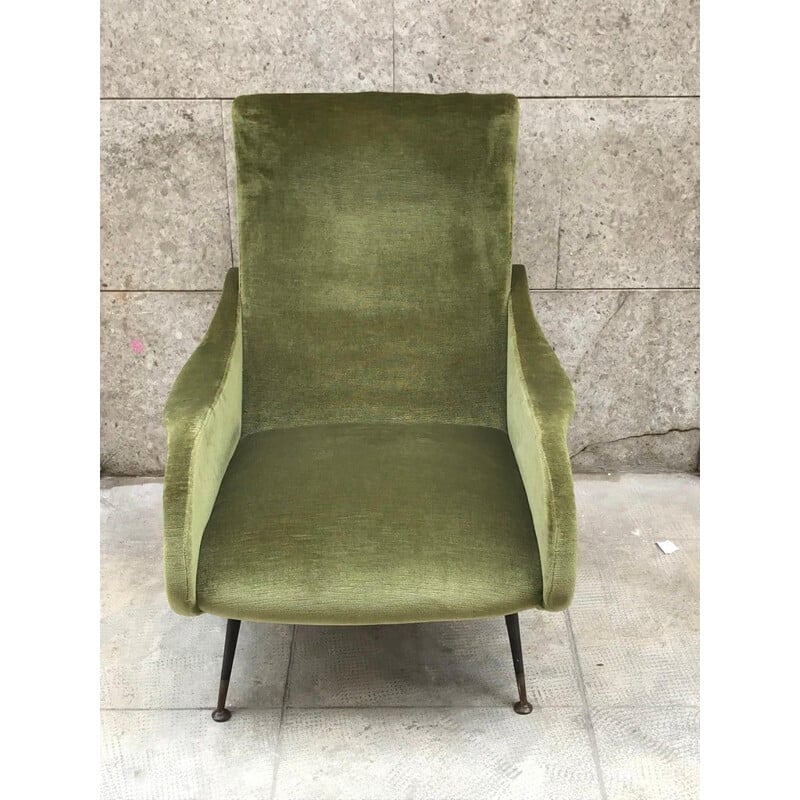 Paire de fauteuils vintage vert en velours, Italie 1960