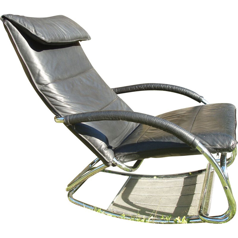 Vintage rocking-chair in black leather, 1980s