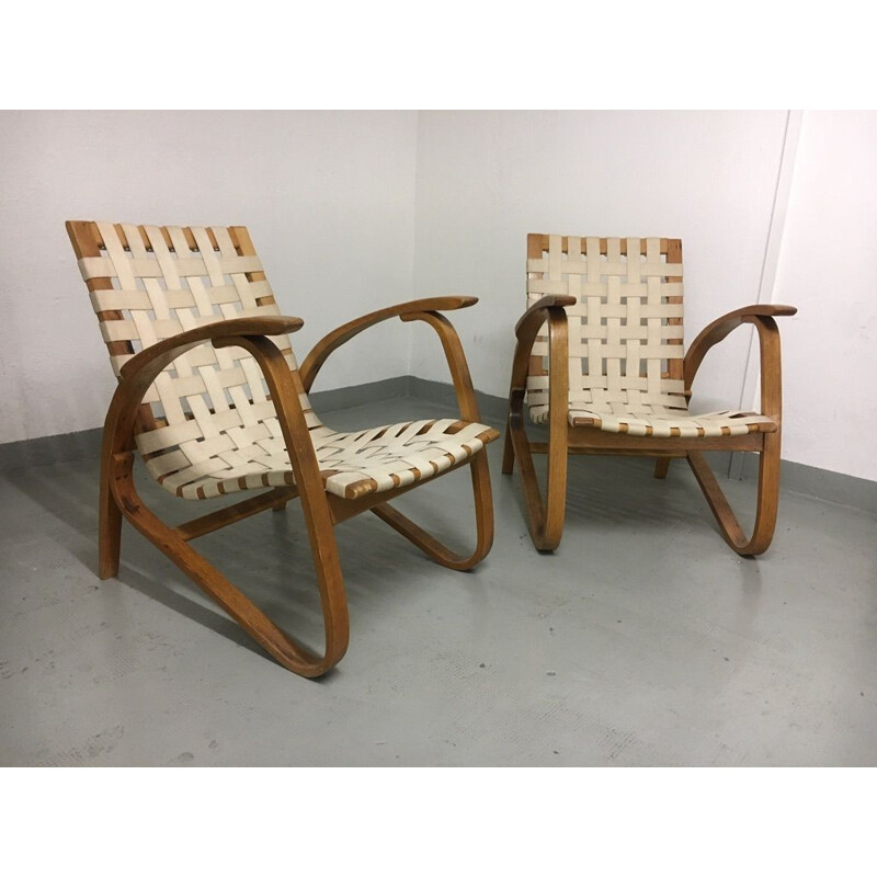 Vintage pair of wooden armchairs by Jan Vanek, Chekoslovakie 1930s