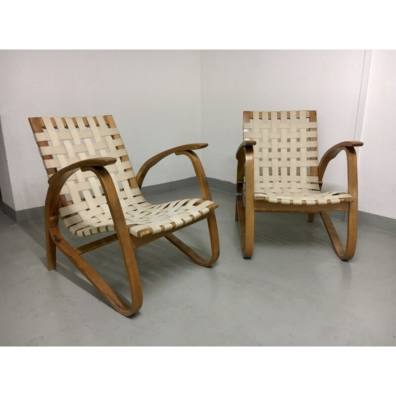 Vintage pair of wooden armchairs by Jan Vanek, Chekoslovakie 1930s