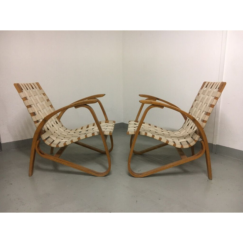 Vintage pair of wooden armchairs by Jan Vanek, Chekoslovakie 1930s