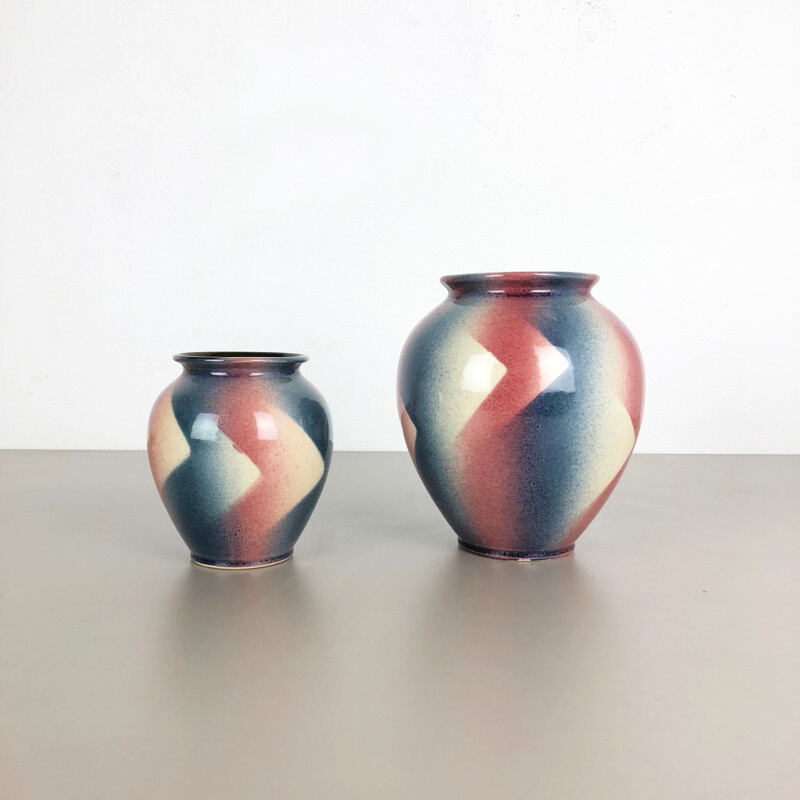 Vintage set of 2 Op Art Spritzdekor Bauhaus vases by Bay Ceramics, Germany, 1950