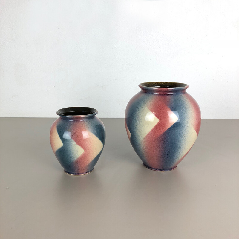 Vintage set of 2 Op Art Spritzdekor Bauhaus vases by Bay Ceramics, Germany, 1950