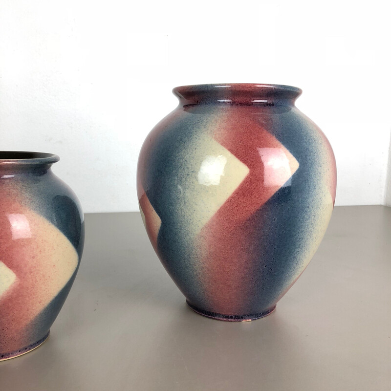 Vintage set of 2 Op Art Spritzdekor Bauhaus vases by Bay Ceramics, Germany, 1950