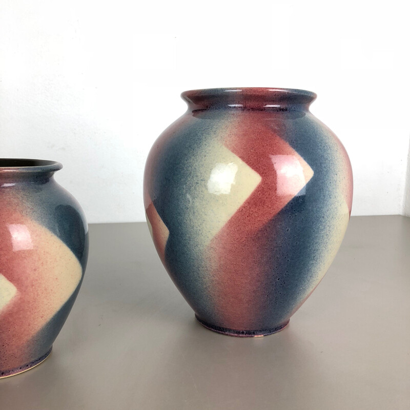 Ensemble vintage de 2 vases Op Art Spritzdekor Bauhaus par Bay Ceramics, Allemagne, 1950