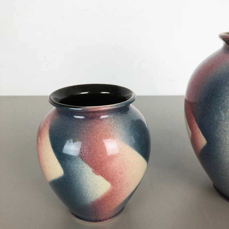 Ensemble vintage de 2 vases Op Art Spritzdekor Bauhaus par Bay Ceramics, Allemagne, 1950