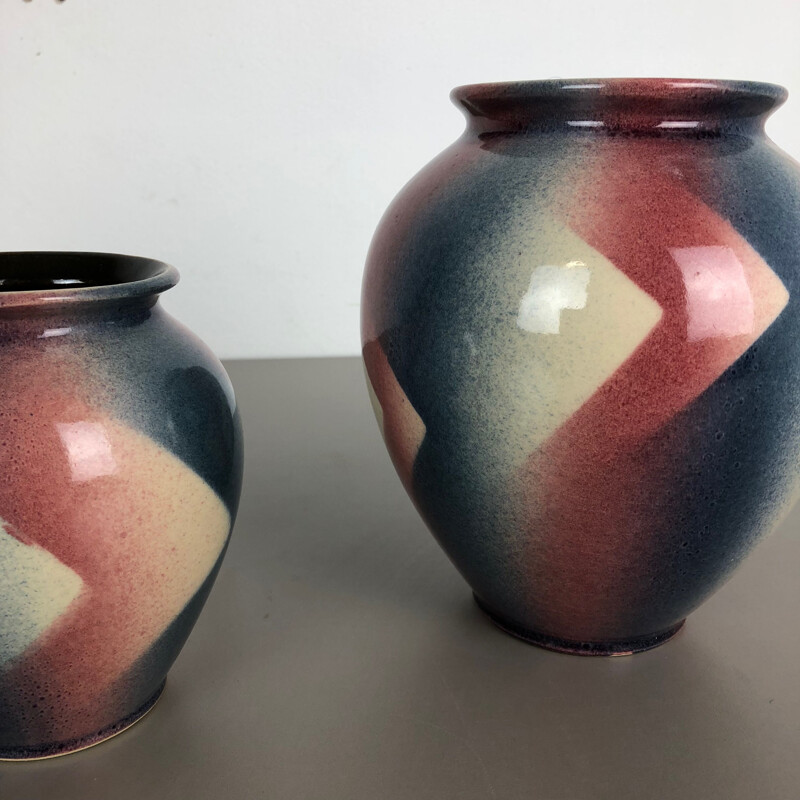 Ensemble vintage de 2 vases Op Art Spritzdekor Bauhaus par Bay Ceramics, Allemagne, 1950