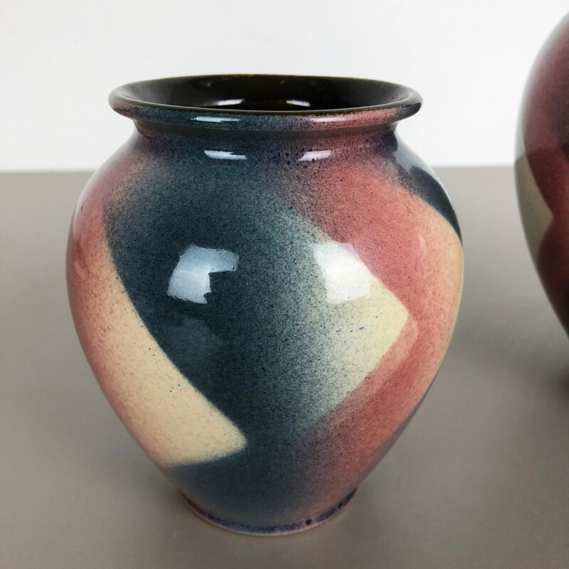 Vintage set of 2 Op Art Spritzdekor Bauhaus vases by Bay Ceramics, Germany, 1950