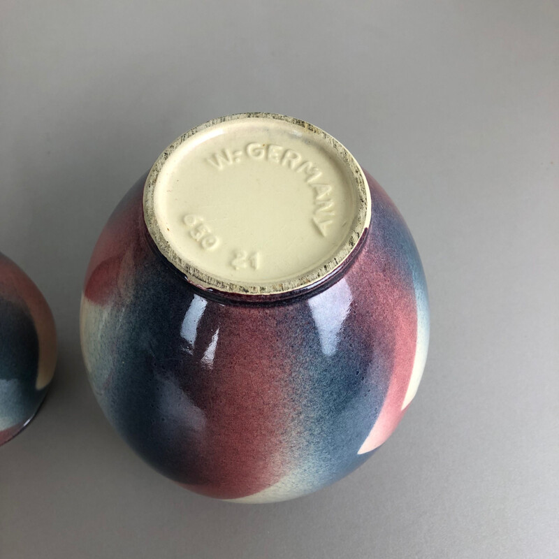 Vintage set of 2 Op Art Spritzdekor Bauhaus vases by Bay Ceramics, Germany, 1950