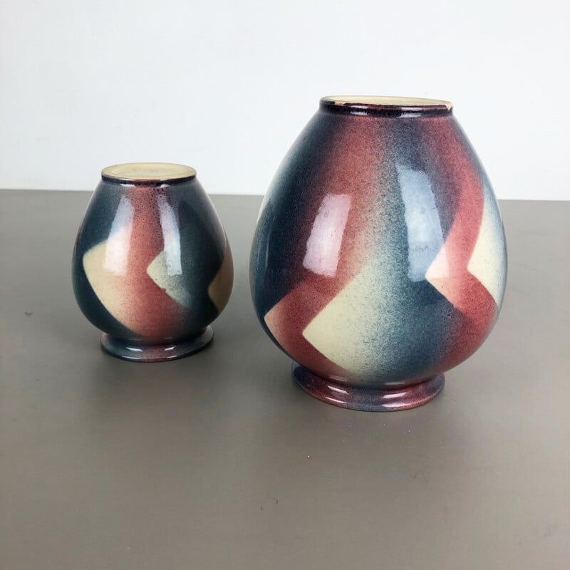 Vintage set of 2 Op Art Spritzdekor Bauhaus vases by Bay Ceramics, Germany, 1950