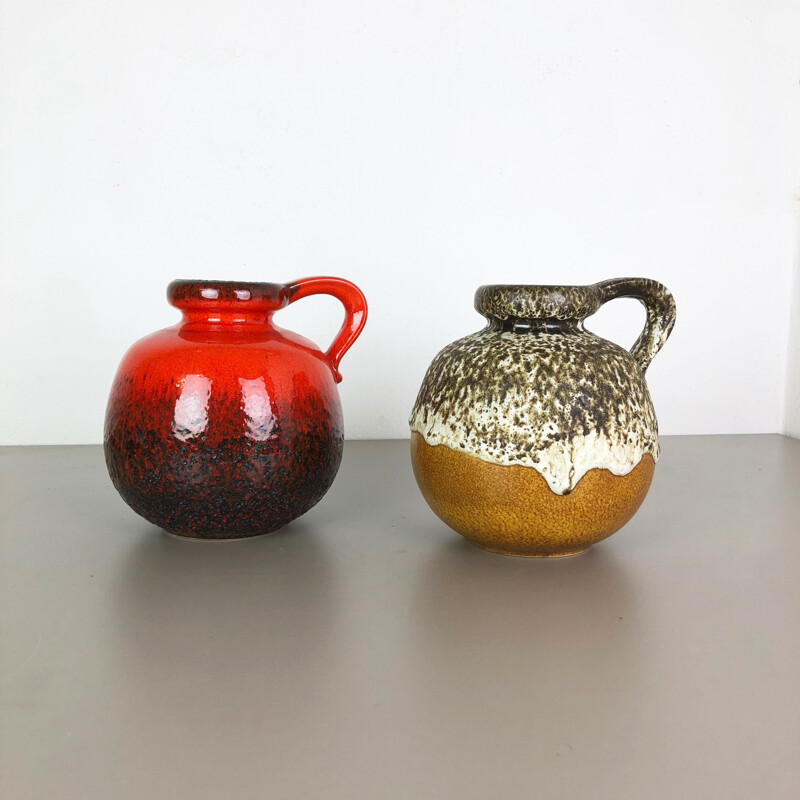 Ensemble de deux vases vintage fat lava de poterie en céramique modèle "484-21" par Scheurich Allemagne 1970