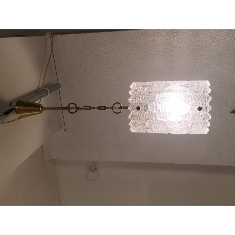 Lámpara de suspensión vintage de cristal y latón, Carl Fagerlund para Orrefors 1960