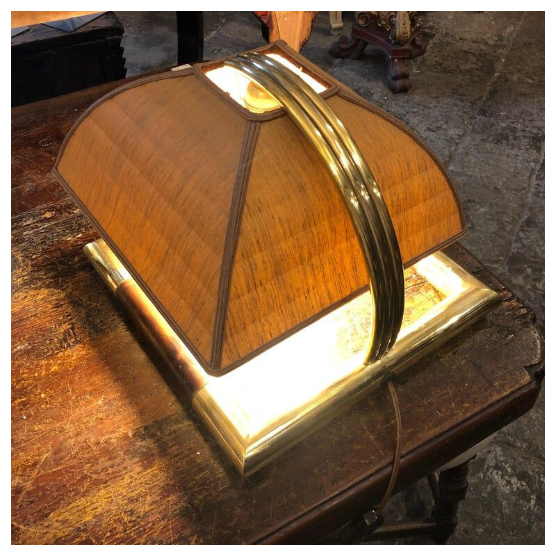 Lampe de table vintage italienne carrée en laiton et cuir, 1960