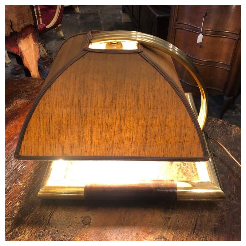 Lampe de table vintage italienne carrée en laiton et cuir, 1960