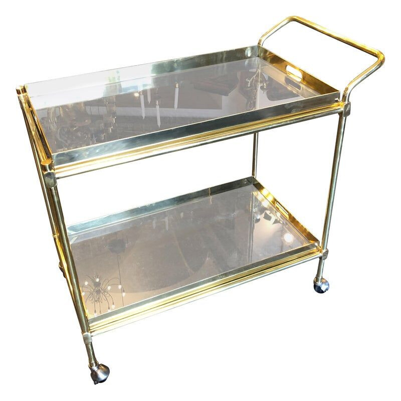 Brass and smoked glass italian vintage bar cart, 1970