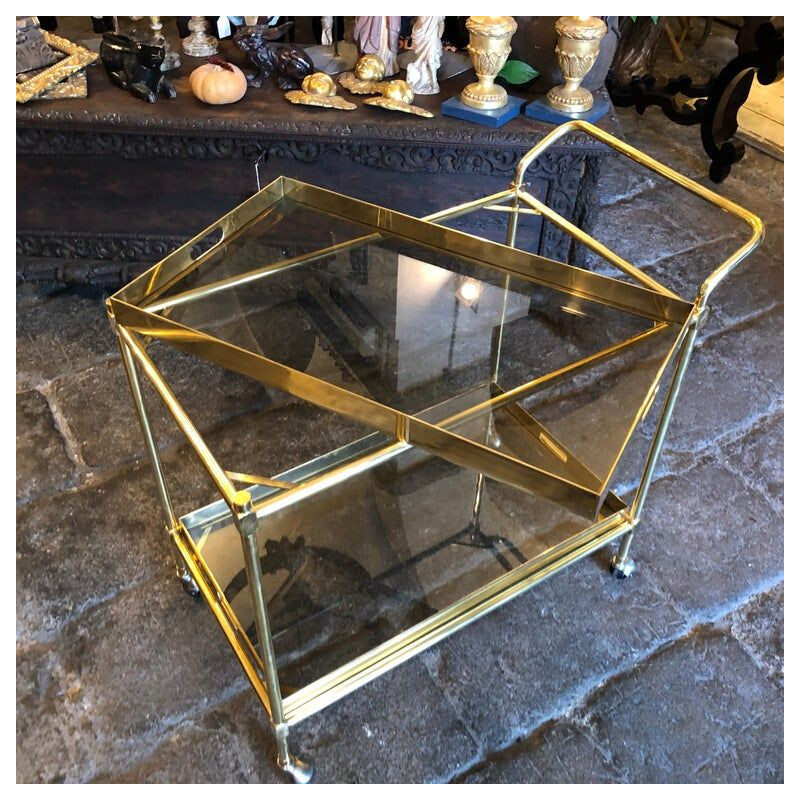 Brass and smoked glass italian vintage bar cart, 1970
