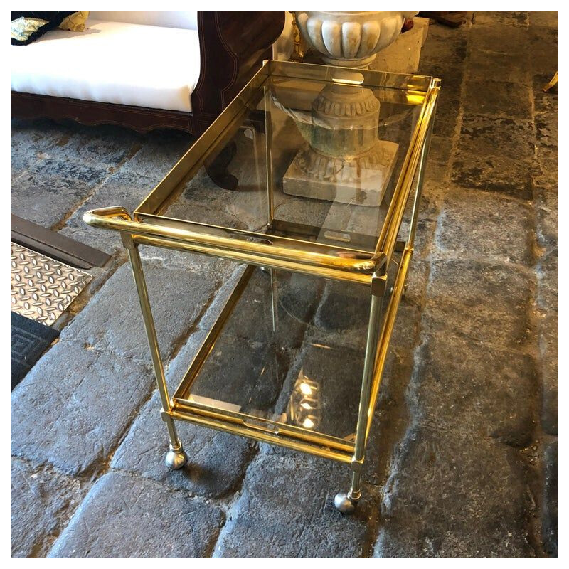 Brass and smoked glass italian vintage bar cart, 1970