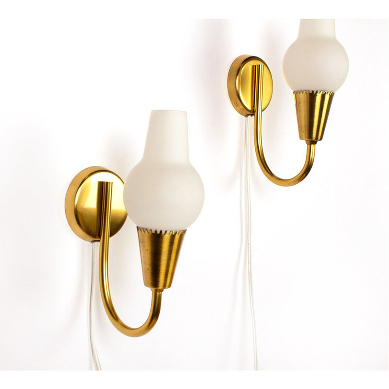 Pair of vintage wall lamps with brass and opaline by Lyfa, 1960s