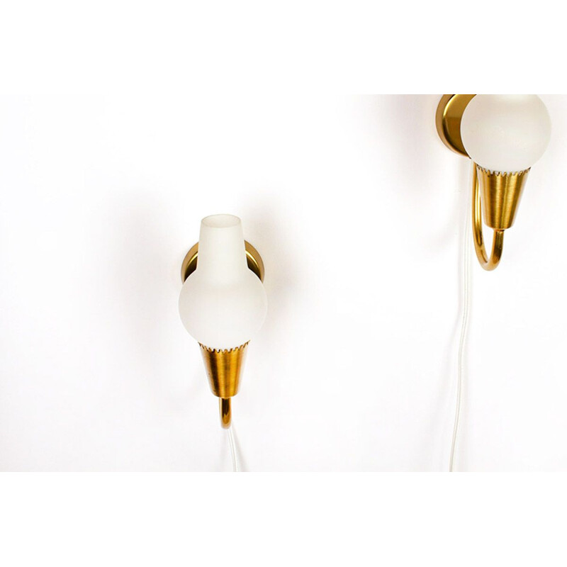 Pair of vintage wall lamps with brass and opaline by Lyfa, 1960s