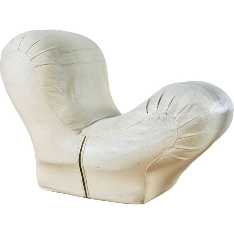 Vintage ivory leather low chair, 1960s