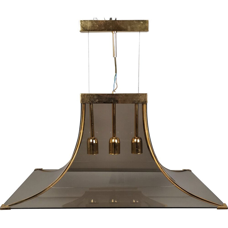 Vintage Pagoda pendant lamp in smoked glass, brass and steel by Esperia, 1970