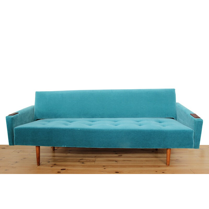 Modular teak and blue velvet sofa - 1960s