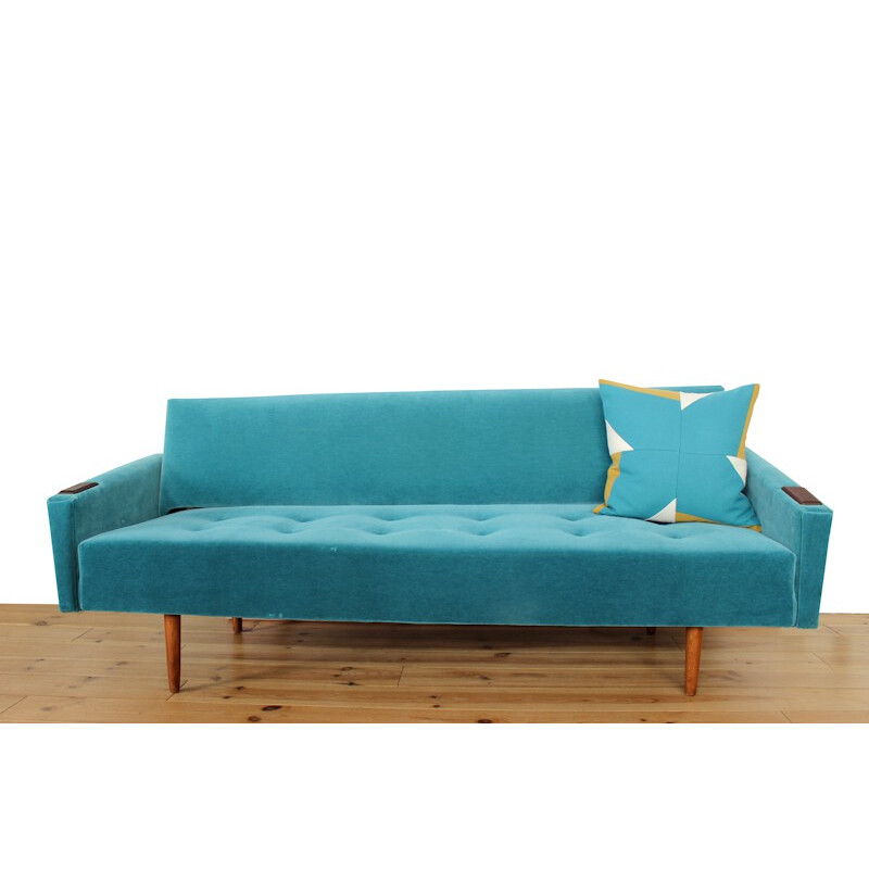 Modular teak and blue velvet sofa - 1960s