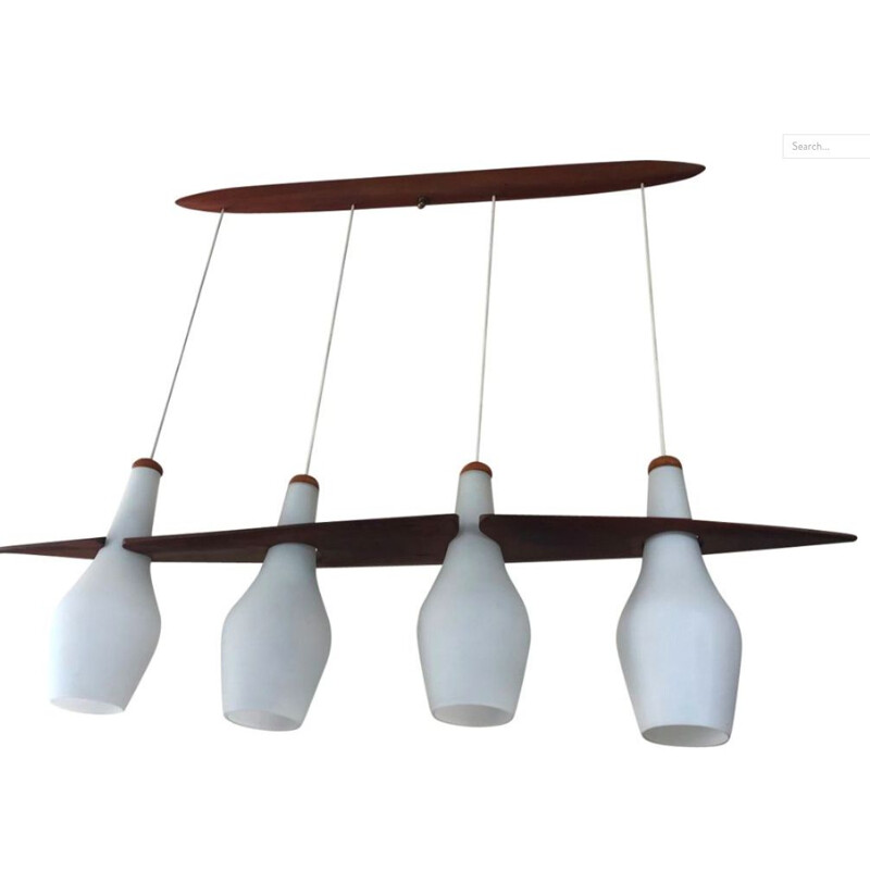 Vintage Rispal chandelier in teak and opaline, 1960