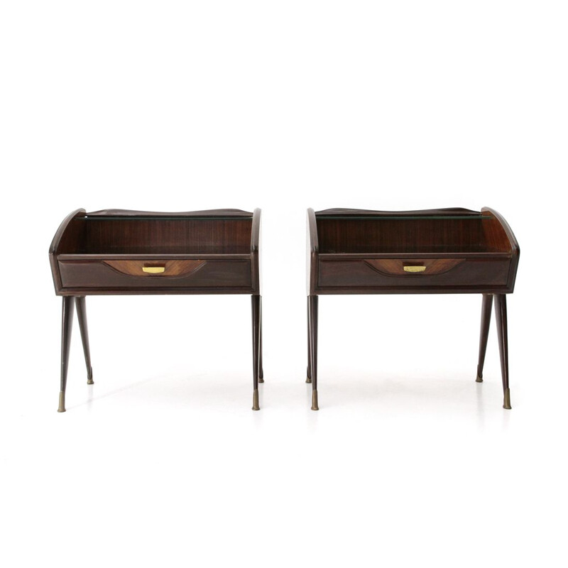 Vintage pair of Italian night stands in wood and glass, 1950s