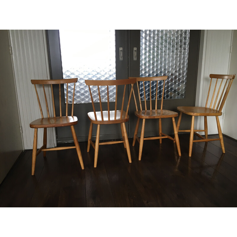 Vintage scandinavian spindle back dining chairs set of 4, for hagafors stolfabrik ab, 1950