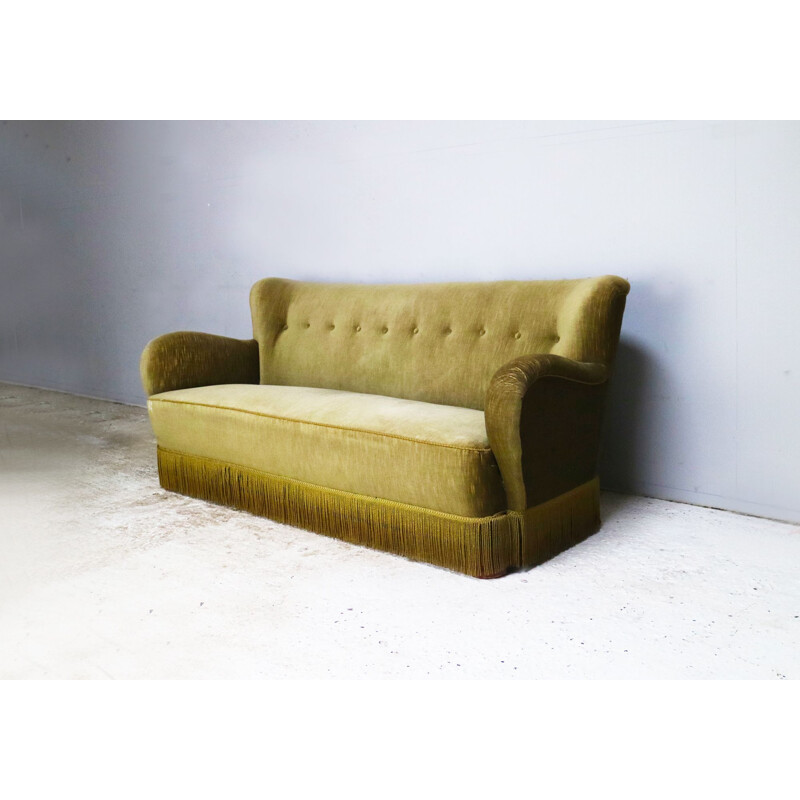 Vintage danish sofa in green velour with fringed bottom 1930