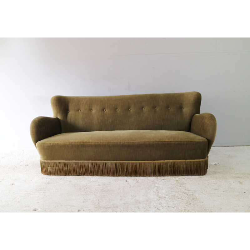 Vintage danish sofa in green velour with fringed bottom 1930