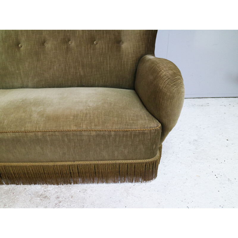 Vintage danish sofa in green velour with fringed bottom 1930