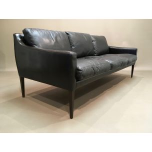 Vintage 3-seater Scandinavian sofa in black leather, 1950s